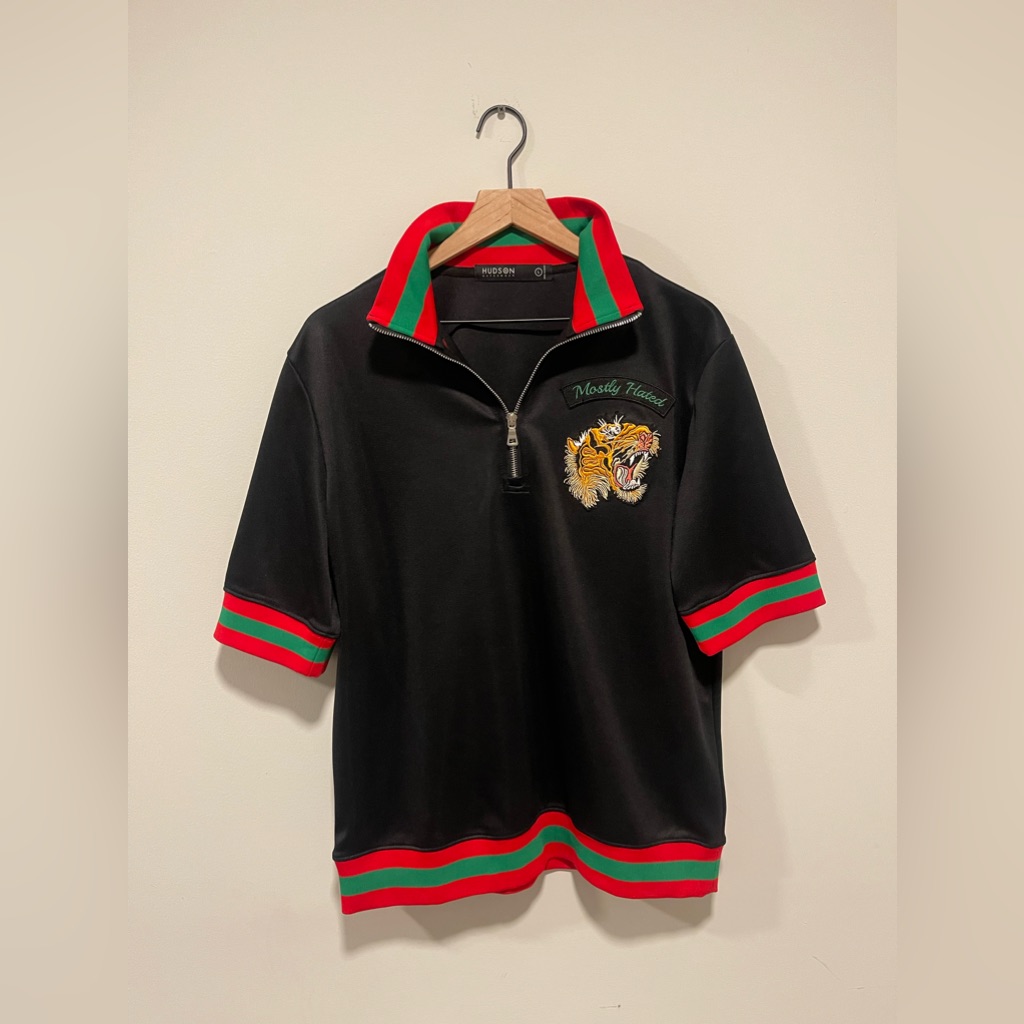 Hudson Outerwear Zip Up Polo With Red And Green Stripes.